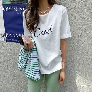 Cuff-sleeve Letter-embroidered T-shirt