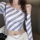 Lettering Off-shoulder Long-sleeve Top / Wide-leg Pants