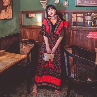 Short-sleeve Flower Print Maxi A-line Dress Red & Black - One Size