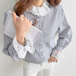 Lace-trim Stripe Cotton Blouse