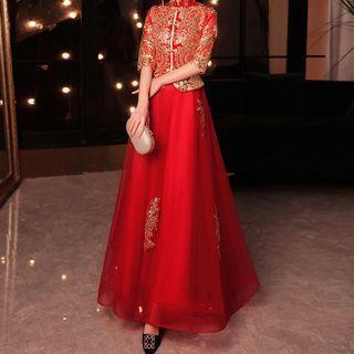 Elbow-sleeve Embroidered Qipao Wedding Dress