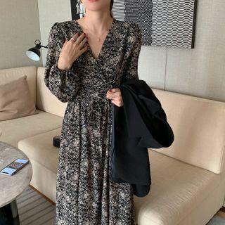Puff-sleeve Snakeskin Print Midi A-line Dress