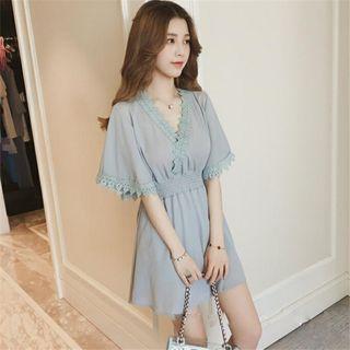 Elbow-sleeve Lace Trim Mini Chiffon Dress