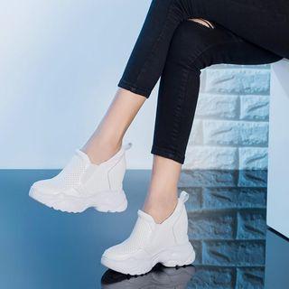 Genuine Leather Perforated Panel Hidden Wedge Platform Sneakers