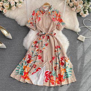 Short Sleeve Floral Print A-line Maxi Dress