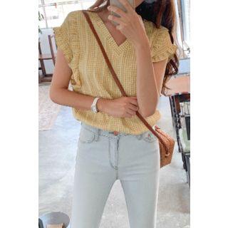 V-neck Frilled Gingham Blouse