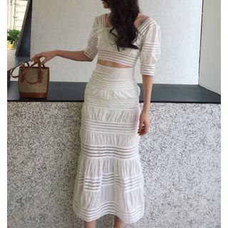 Set: Eyelet Lace Elbow-sleeve Blouse + Midi Straight-fit Skirt