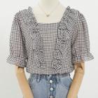 Short-sleeve Ruffled Check Top