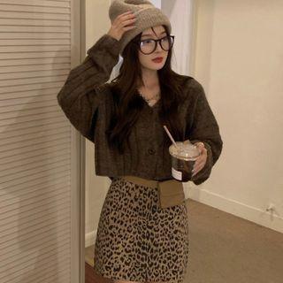 V-neck Button-up Cropped Cardigan / Leopard Print Mini Skirt