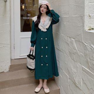 Long-sleeve Wide-collar Frill Trim Midi Shift Dress
