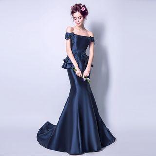 Off-shoulder Embellished Evening Gown With Train
