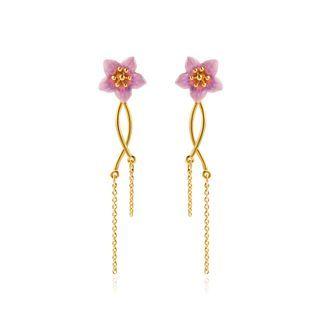 Fashion Elegant Plated Gold Enamel Pink Flower Tassel Earrings Golden - One Size