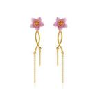 Fashion Elegant Plated Gold Enamel Pink Flower Tassel Earrings Golden - One Size