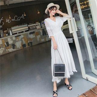 Elbow-sleeve Fringed Midi A-line Dress