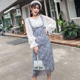 Set: Balloon-sleeve Top + Tweed Jumper Dress