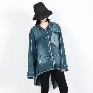 Frayed Trim Denim Jacket Blue - One Size