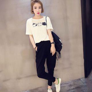 Set: Cat Print Short-sleeve T-shirt + Pants