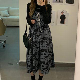 Long-sleeve Shrug / Spaghetti Strap Print Dress