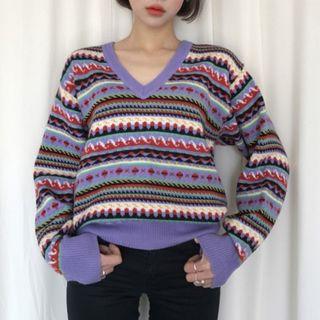 Print V-neck Sweater Purple - One Size