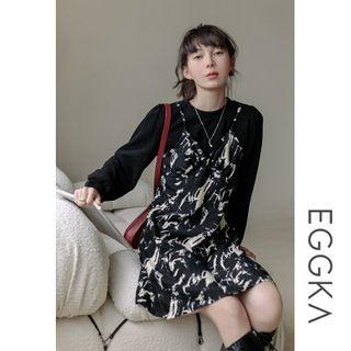 Mock Two-piece Tie-dyed Long-sleeve Mini A-line Dress