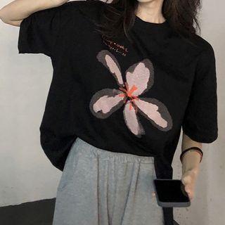 Elbow-sleeve Flower Print Slit T-shirt