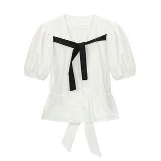 Puff-sleeve V-neck Bow Cropped Shirt White - One Size
