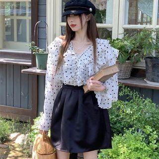 V-neck Dotted Blouse / High-waist Skirt