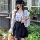 V-neck Dotted Blouse / High-waist Skirt