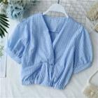 V-neck Check Puff-sleeve Blouse