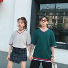 Couple Matching Striped V-neck Elbow-sleeve T-shirt