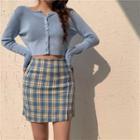 Ribbed Cropped Cardigan / Plaid Pencil Skirt