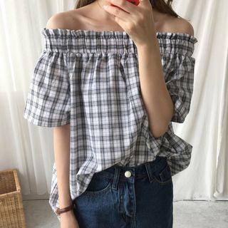 Short-sleeve Off Shoulder Plaid Top