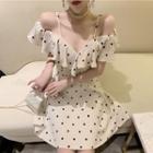 Off-shoulder Ruffled-trim Dotted A-line Dress