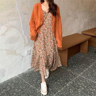 Long-sleeve Open Knit Cardigan / Floral Pinafore Dress