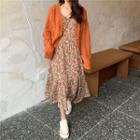 Long-sleeve Open Knit Cardigan / Floral Pinafore Dress