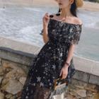 Star Print Off-shoulder Midi Chiffon Dress