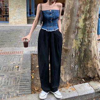 Strapless Denim Top / Wide Leg Dress Pants