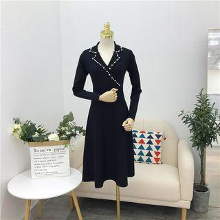 Long-sleeve Embellished Knit Dress Black - One Size
