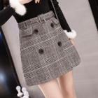 Belted Double-breasted Plaid Mini A-line Skirt