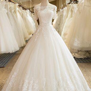 Short-sleeve Off-shoulder Lace Ball Gown