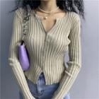 Plain Knit Striped Long-sleeve Top