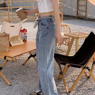High-waist Color-block Washed Straight-cut Jeans