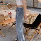 High-waist Color-block Washed Straight-cut Jeans