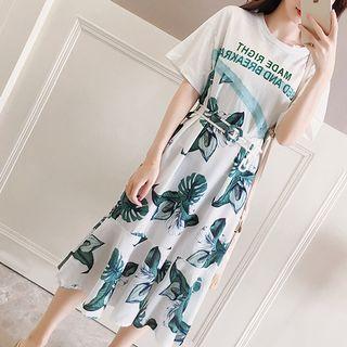 Floral Lettering Short-sleeve Midi Dress