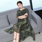 Elbow-sleeve Leaf Patterned Midi A-line Dress