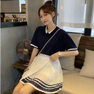 Short-sleeve Buttoned Top / Pleated Mini Skirt