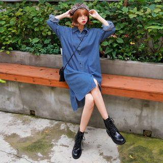 Bishop-sleeve Long Denim Shirtdress