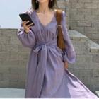 Long-sleeve Tie-waist Maxi Dress Purple - One Size