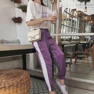 Set: Short-sleeve Lettering T-shirt + Contrast Trim Sweatpants