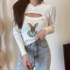 Rabbit Embroidered Knit Cropped Camisole Top / Mock-neck Shrug